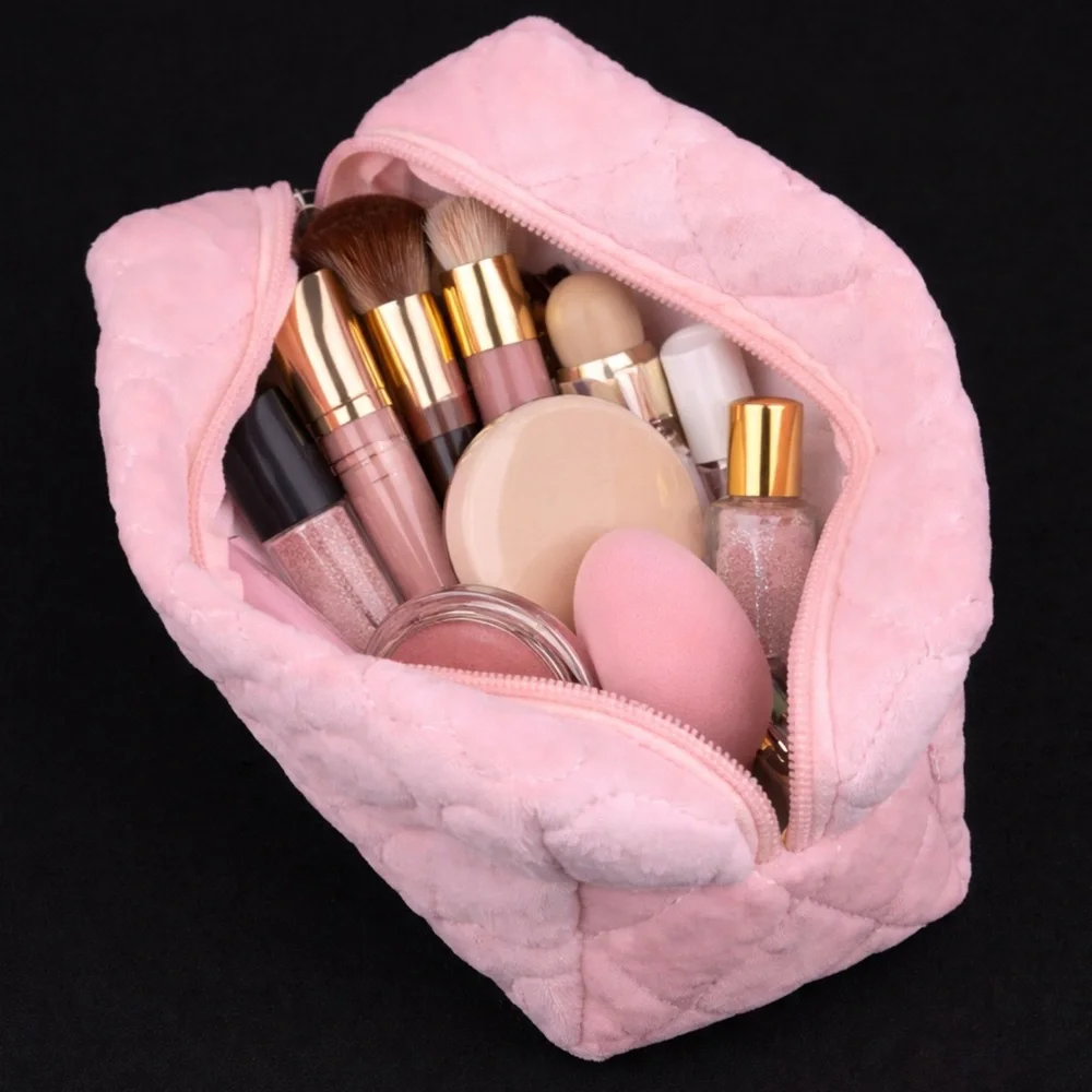Pink Fuzzy Heart Quilted Makeup Bag Cosmetic Travel Pouch